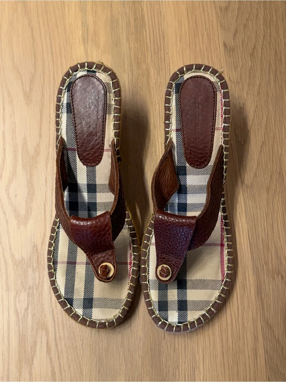 Burberry Brown Leather Espadrille Wedge Thong Sandals